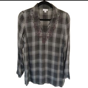 J. Jill Gray Plaid Tunic Top Embroidered Vneck XS